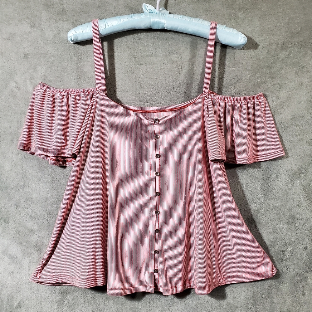 American Eagle Soft and Sexy Cold Shoulder Nooodle Strap Top Red Pinstripe M